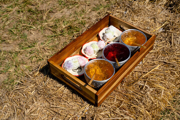 Colorful of red and yellow welcome drink put in wooden tray on rice filed background.Silver bowl of...