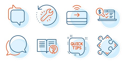 Strategy, Recovery tool and Quick tips signs. Messenger, Chat message and Help line icons set. Contactless payment, Online accounting symbols. Speech bubble, Documentation. Education set. Vector