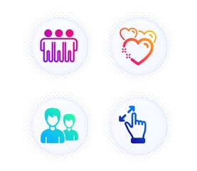 Couple, Heart and Friendship icons simple set. Button with halftone dots. Touchscreen gesture sign. Two male users, Love, Trust friends. Zoom in. People set. Gradient flat couple icon. Vector