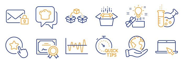 Set of Business icons, such as Stock analysis, Portable computer. Certificate, save planet. Loyalty star, Chemistry lab, Packing boxes. Cooking hat, Parcel shipping, Secure mail. Vector