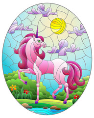 Illustration in stained glass style with bright unicorn on the background of a stream, cloudy sky and sun