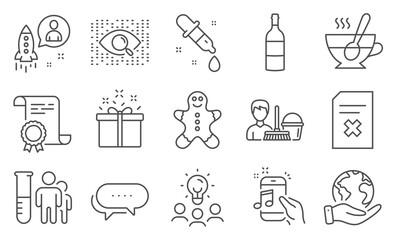 Set of Business icons, such as Delete file, Special offer. Diploma, ideas, save planet. Chemistry pipette, Startup, Dots message. Gingerbread man, Artificial intelligence, Tea cup. Vector