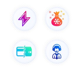 Payment methods, Santa sack and Energy icons simple set. Button with halftone dots. Shipping support sign. Wallet cash, Gifts bag, Thunderbolt. Delivery manager. Business set. Vector