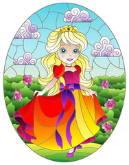 Illustration in stained glass style with a cute Princess on a background of flowers and Sunny sky, oval image