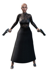 Urban Fantasy African-American Woman holding gun on Isolated White Background, 3D Rendering, 3D illustration