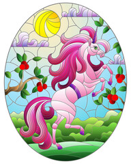 Illustration in stained glass style with a bright pink unicorn on the background of Apple trees, cloudy sky and sun, oval image