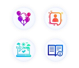 Developers chat, Airplane travel and Balloons icons simple set. Button with halftone dots. Technical info sign. Manager talk, Check in, Air balloons. Documentation. Business set. Vector