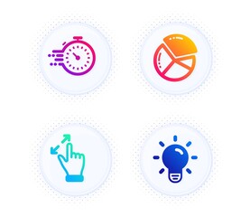 Timer, Pie chart and Touchscreen gesture icons simple set. Button with halftone dots. Light bulb sign. Deadline management, Presentation graph, Zoom in. Lamp energy. Technology set. Vector