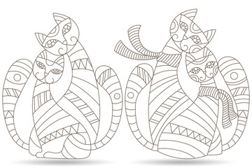 Set of stained glass contour elements with rainbow cats , isolated outline images on white background