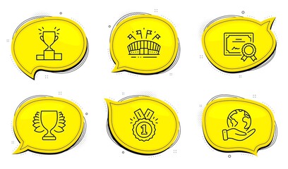Winner sign. Diploma certificate, save planet chat bubbles. Sports arena, Approved and Winner podium line icons set. Event stadium, Competition results, Sports achievement. Sports set. Vector