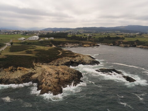 Cliffs of  Pancha Island. Beautiful  coastal landscape in  Ribadeo,Lugo. Galicia,Spain. Aerial Drone Photo