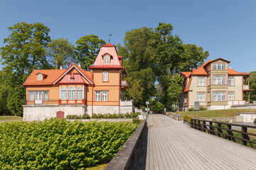 Wooden Houses in front of the Kuressaare Castle on the island Saaremaa, Estonia