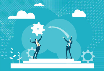 Fototapeta na wymiar Two business people passing gear to each other as symbol of making a progress, good business together, support and control Business concept illustration.