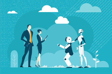  Robot talks to business people. Artificial intellect, nano technology. People testing robots. Business concept illustration.
