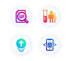 Swipe up, Check article and Medical analyzes icons simple set. Button with halftone dots. Augmented reality sign. Scrolling page, Magnifying glass, Medicine results. Phone simulation. Vector