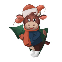 Cute baby bull in a hat with a Christmas tree lies for children vector. New Year. Winter. New Year. Winter