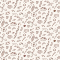 Bread, loaf, baguette, bun, croissant and more items illustration in graphic sketch style. Vector hand drawn vintage engraving seamless patten for poster, label and  menu bakery shop.