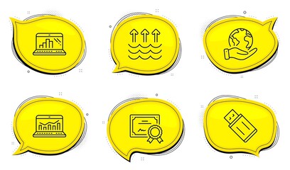 Evaporation sign. Diploma certificate, save planet chat bubbles. Usb flash, Web analytics and Graph laptop line icons set. Memory stick, Statistics, Mobile report. Global warming. Vector