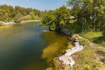 Fototapeta na wymiar Old stone quarry filled with emerald water. Saaremaa island, Estonia.