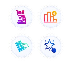 Decreasing graph, Pay money and Microscope icons simple set. Button with halftone dots. Ranking star sign. Crisis chart, Hold cash, Chemistry laboratory. Click rank. Education set. Vector