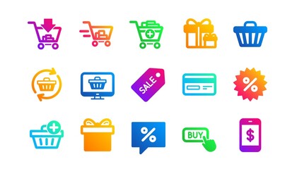 Gift, Present and Sale discount. Shopping bag icons. Delivery classic icon set. Gradient patterns. Quality signs set. Vector