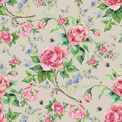  Seamless pattern lovely roses and peonies with foliage