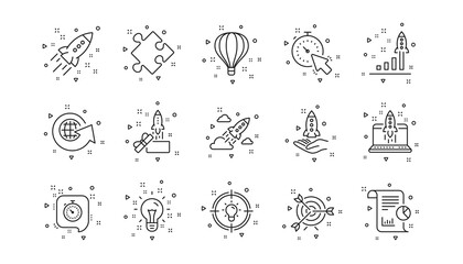 Launch Project, Business report and Target. Startup line icons. Strategy linear icon set. Geometric elements. Quality signs set. Vector
