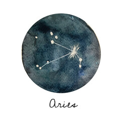 Astrology, stars constellation of aries, watercolor illustration of galaxy, space, starry sky. Dark blue background of space.