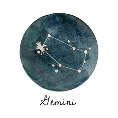 Astrology, stars constellation of gemini, watercolor illustration of galaxy, space, starry sky. Dark blue background of space.