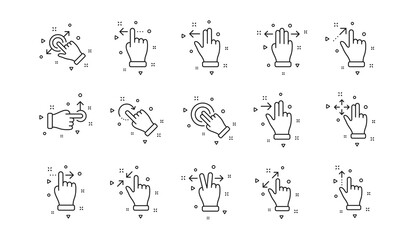 Hand swipe, Slide gesture, Multitasking icons. Touchscreen gesture line icons. Touchscreen technology, tap on screen, drag and drop. Linear set. Geometric elements. Quality signs set. Vector