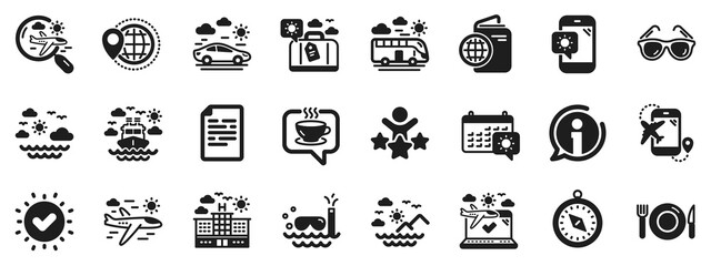 Passport, Luggage, Check in airport icons. Travel icons. Airplane flight, Sunglasses, Hotel building. Passport check in document, Sea diving. Restaurant hotel food, luggage travel. Vector
