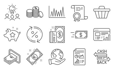 Set of Finance icons, such as Loyalty points, Payment. Diploma, ideas, save planet. Line graph, Web report, Cash. Banking money, Euro money, Shop cart. Vector
