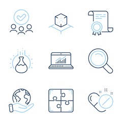 Augmented reality, Online statistics and Medical pills line icons set. Diploma certificate, save planet, group of people. Search, Puzzle and Chemistry experiment signs. Vector