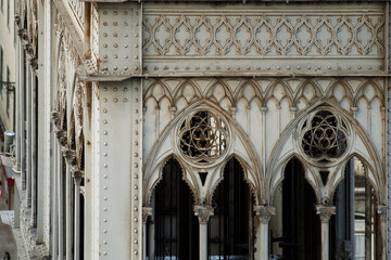 detail of the iron architecture of the Santa Justa Elevator in Lisbon