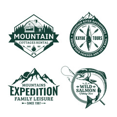 Set of vector mountain and outdoor recreation badges. Mountain travel, cottage rental, kayaking and fishing illustrations