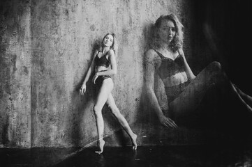 Blond woman in black lingerie. Double exposure photo.