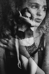 Blond woman in black lingerie. Double exposure photo.