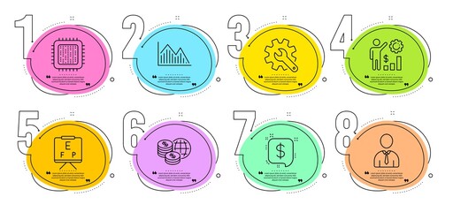 Human, Customisation and Investment graph signs. Timeline steps infographic. World money, Employees wealth and Cpu processor line icons set. Payment message, Vision board symbols. Vector