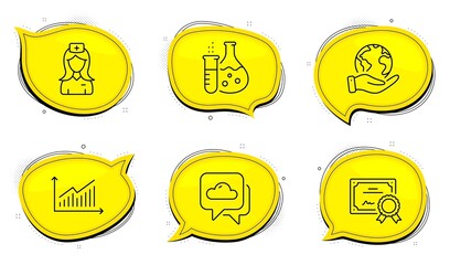 Graph sign. Diploma certificate, save planet chat bubbles. Hospital nurse, Weather forecast and Chemistry flask line icons set. Medical assistant, Cloudy, Laboratory. Presentation diagram. Vector