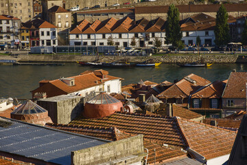 tiled roof on houses in Ribeira district of Porto, Portugal