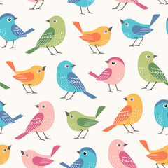 Seamless pattern of cute small multicolored  birds  on white background