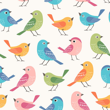Seamless pattern of cute small multicolored  birds  on white background