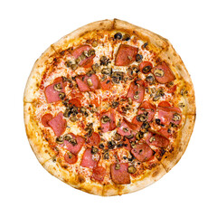 Fresh tasty pizza with pepperoni, hat and mushrooms isolated on white background. Top view