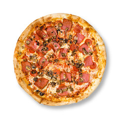Fresh tasty pizza with pepperoni, hat and mushrooms isolated on white background. Top view