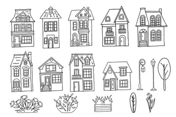 Set of houses with roof window and door. Hand drawn vector illustration on a transparent background. Design for printing postcards, fabrics, leaflets, website design