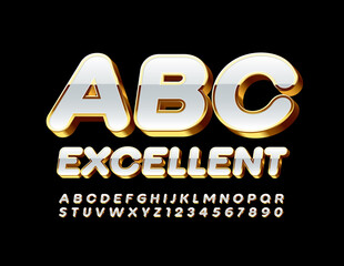 Vector Excellent Alphabet. 3D White and Gold Font. Glossy luxury Letters and Numbers set