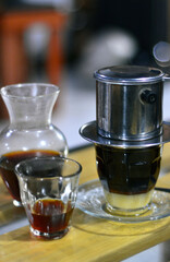 Close up Vietnamese drip milk and v60 coffee brewed manually