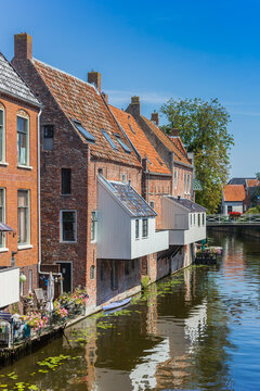 Wooden hanging kitchens on historic houses in Appingedam, Netherlands