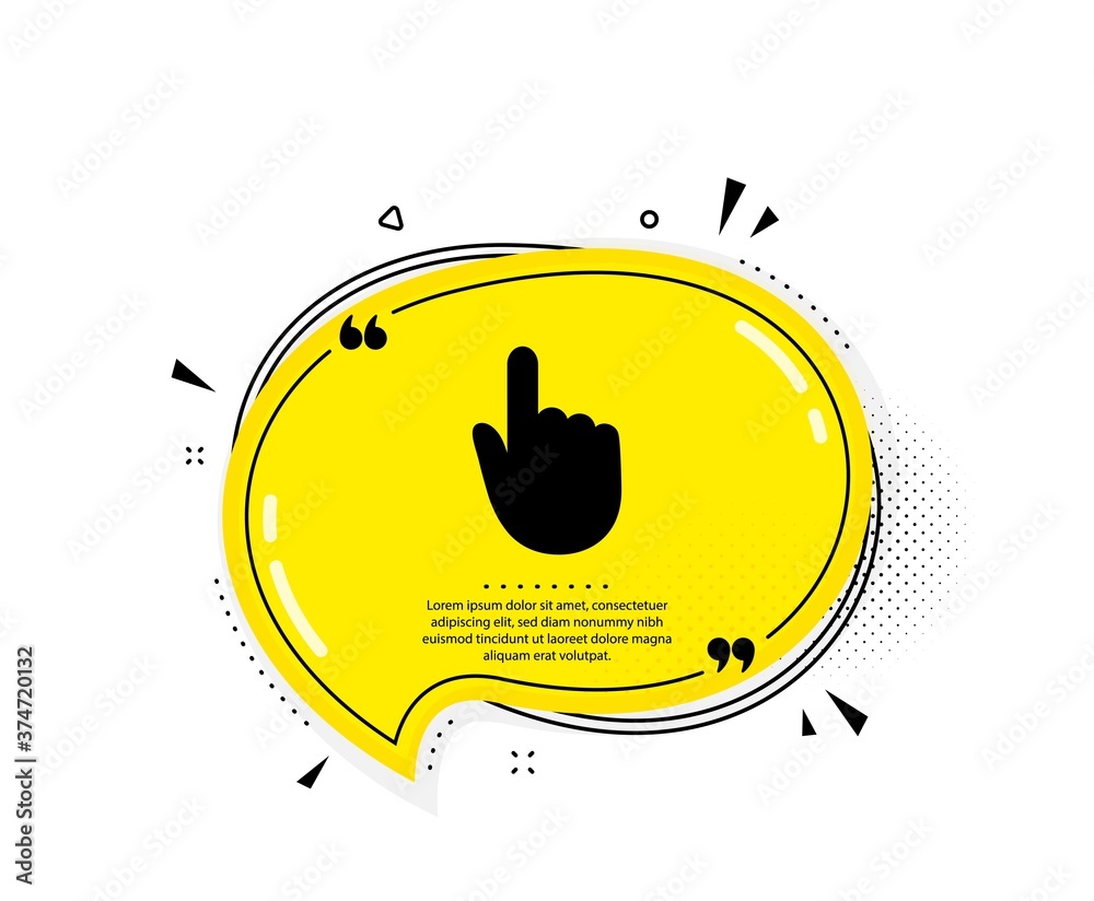 Poster hand click icon. quote speech bubble. finger touch sign. cursor pointer symbol. quotation marks. cla