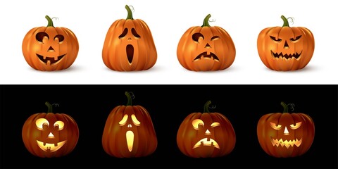 Halloween carved spooky pumpkin set. Isolated smiling, cute, funny, happy, scary, creepy faces. October holiday decoration vector illustration. Glowing with light or lantern objects